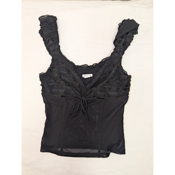 Kimchi Blue Tops - Kimchi Blue Black Sheer Mesh Ruffle Tank Top Women's M/L Ruched Tie Front